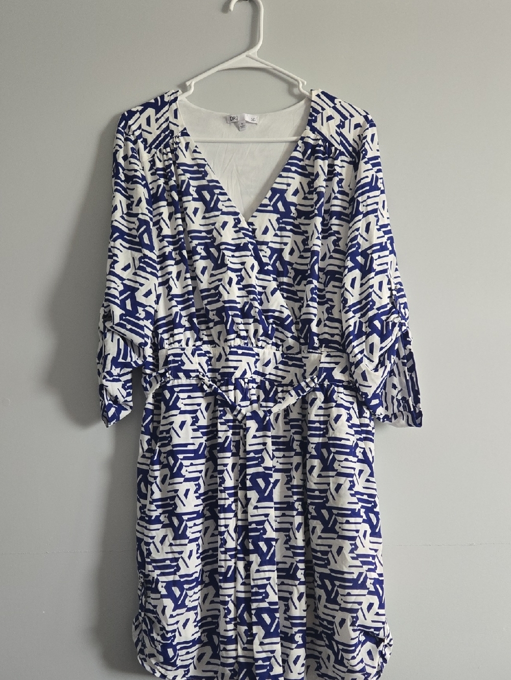 DR2 Blue and White Geometric Midi Dress With Pockets, L / XL